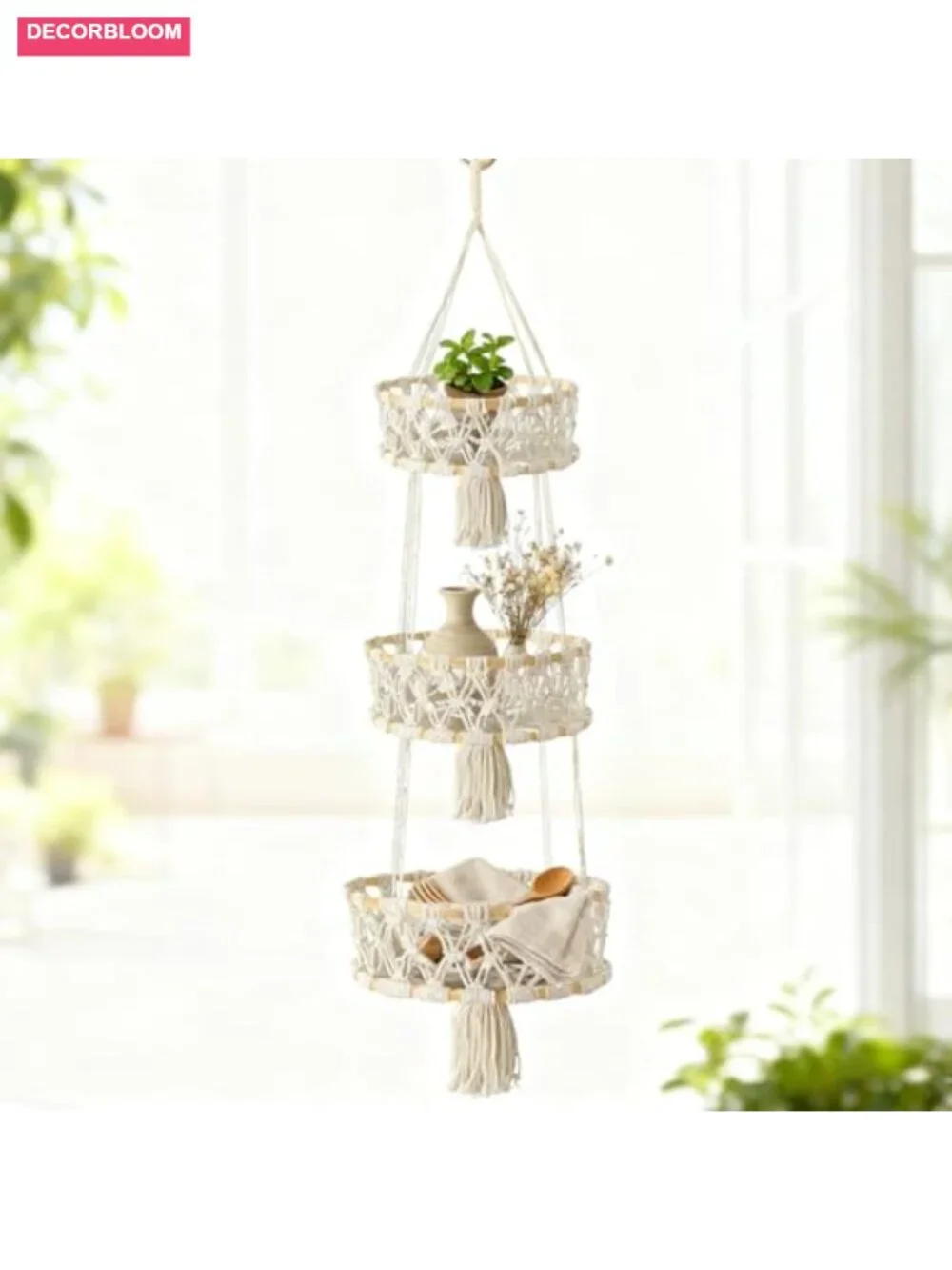 3 Tier Hanging Fruit Basket, Macrame Woven Cotton Rope Storage, Boho Plant